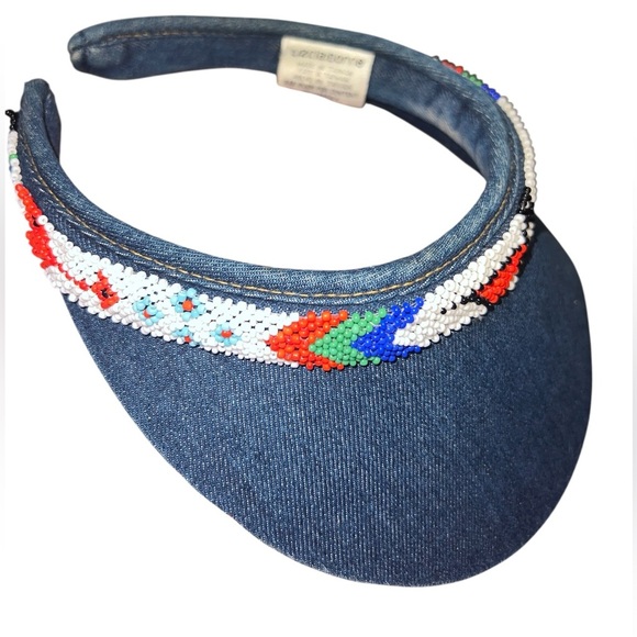 Vintage Denim Beaded Visor Hat – Boho Festival Y2K Retro Southwestern Chic - Picture 2 of 7